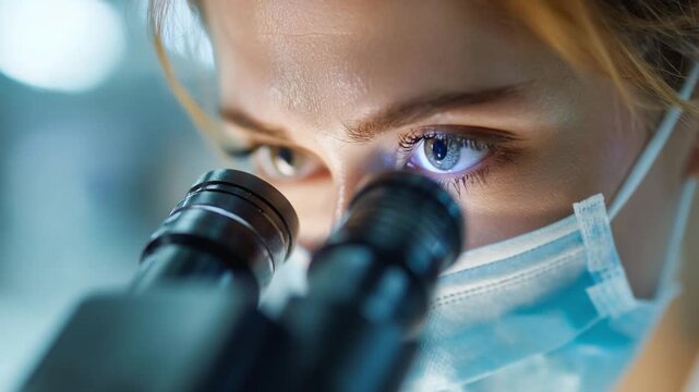 Microscopic Marvel: A focused scientist peers intently into the lens of a microscope, illuminated by the light and the pursuit of knowledge.