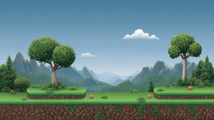 Pixelated retro platformer game background with lush landscape and 8-bit design