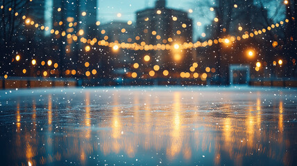 Obraz premium Empty outdoor ice skating rink glows softly at sunset with reflections and gentle snowfall creating a peaceful winter scene in the city