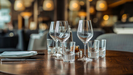 Elegant restaurant table setting with wine glasses and water glasses