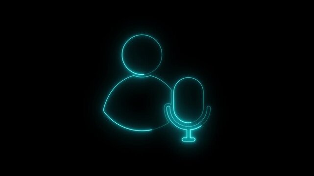 Animation of glowing neon man and microphone icon, voice recording icon and Podcast Icon animation. neon line man and microphone icon. Audio wave microphone icon animation. 4k video motion animation.