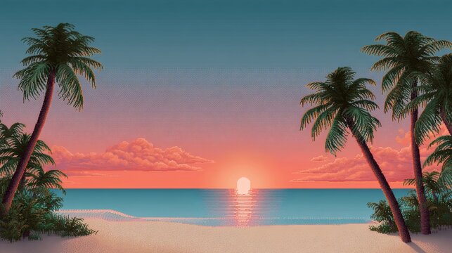 Retro pixel art tropical beach with sunset and palm trees theme for summer vacation and media design