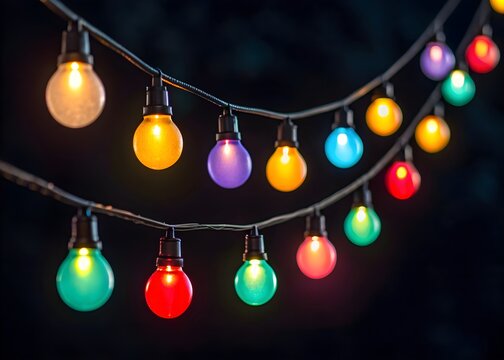 Three strings of colorful round bulbs glowing against dark background, evoking festive ambiance, celebration, and cheerful decorative lighting