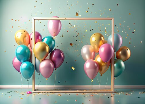 Colorful balloons and gold confetti around upright wooden frame on teal background, evoking festive joy, celebration, and creative party decor