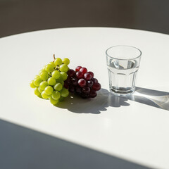 Two bunches of fresh grapes one green and one red sit beside a clear glass of water on a white surface