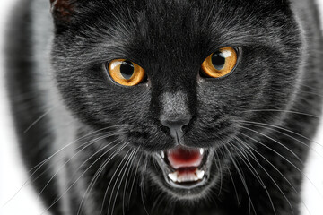 Close-up of a powerful black cat hissing fiercely. Intense yellow eyes, open mouth revealing sharp teeth and pink tongue. Dramatic, expressive portrait of a domestic animal.