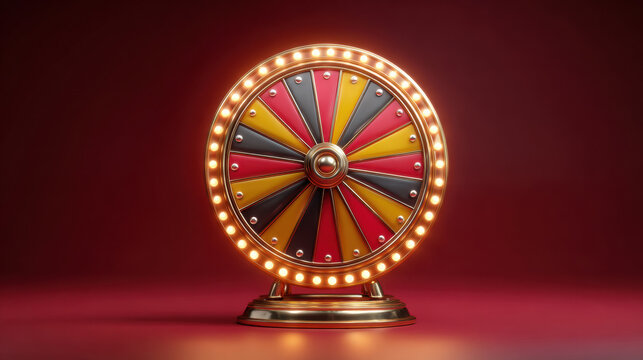 Golden prize wheel with red, yellow, black segments, illuminated by lights. Set against a red background, symbolizing luck, chance, and winning.