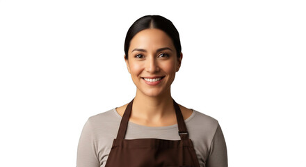 Smiling 35-40-year-old Hispanic artisan chocolatier in brown apron. Professional, high-detail headshot perfect for culinary business branding, food blogs, or Women's Day campaigns.
