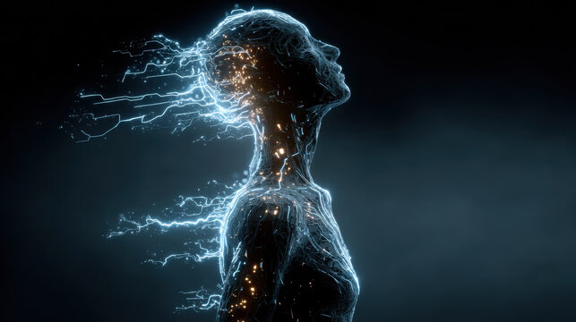 Abstract profile of a glowing human form on a dark background. Blue lines represent a neural network or digital energy flow, symbolizing mind, data, and technology.