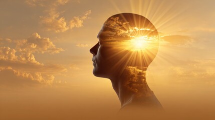 Sunrise silhouette of a persons head against golden sky for inspirational concepts and designs