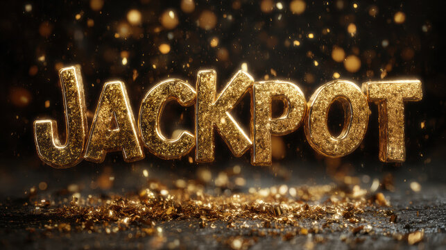 Golden JACKPOT text sparkling amidst falling glitter on a dark background. This luxurious display evokes celebration, success, and wealth, perfect for gaming or festive themes.