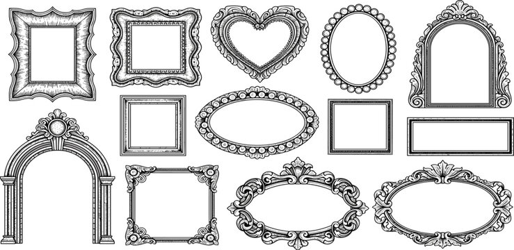Elegant collection of hand-drawn vintage decorative frames and ornate borders, featuring intricate design elements perfect for embellishing photos, artwork, or digital layouts with classic style