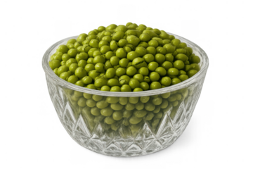 Mung beans filling a clear glass bowl, showcasing uncooked green seeds ready for culinary use, on a transparent background