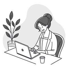 Woman working on laptop at desk with plant and coffee