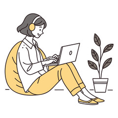 Woman with headphones working on laptop while sitting on floor with plant