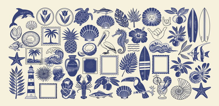 A comprehensive set of vintage-style tropical and nautical icons, featuring ocean life, summer beach elements, and exotic plants in a classic engraved illustration