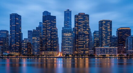 Modern city skyline reflecting on calm water