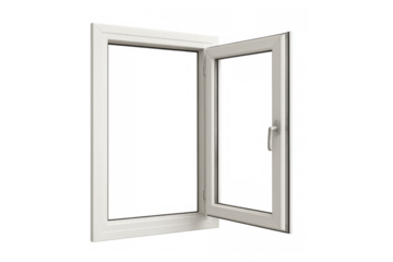 White pvc casement window appearing partially open, offering ventilation and a view, isolated on a transparent background
