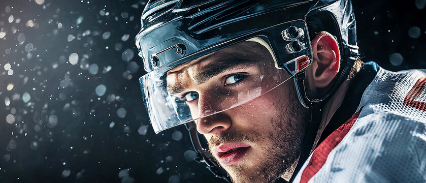 Close-up side portrait of a professional hockey player in a helmet on a dark background with falling snow. Banner for tournament, hockey sport, focus, energy, and motivation.