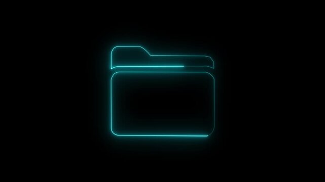 Glowing neon folder icon on black background with light effect symbol digital. digital data organization concept abstract technology symbol. Glowing neon folder icon 4k isolated on black background.