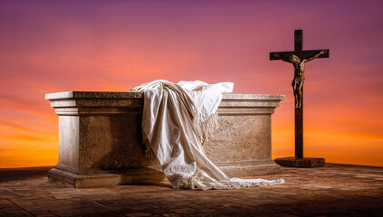 Striking Cross with White Draped Fabric at Sunrise