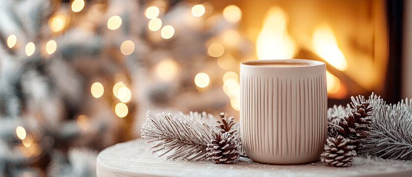 Festive composition with cup of tea, pine branches, cones, and garland lights near fireplace. Warm Christmas decor, homely atmosphere, soft lighting, macro scene.