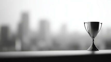 Obraz premium Monochrome image of trophy with urban backdrop, highlighting achievement, victory, and competition concept