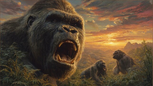 Dramatic scene of roaring gorillas in lush jungle at sunset with detailed wildlife art