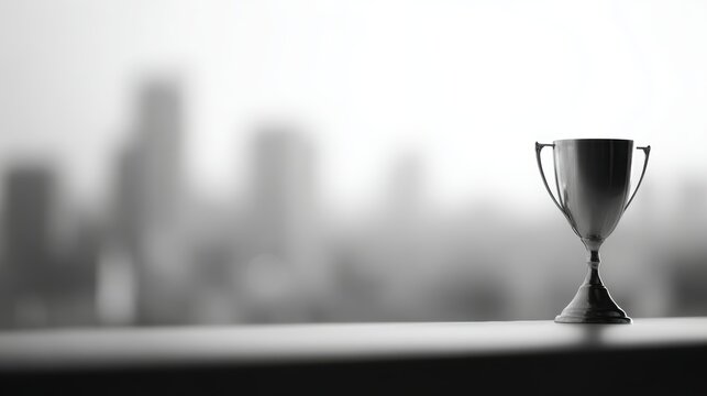 Monochrome image of trophy with urban backdrop, highlighting achievement, victory, and competition concept
