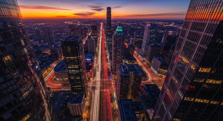 Aerial view of futuristic city at sunset