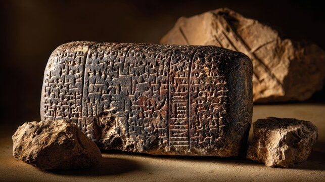 Ancient Mesopotamian Clay Tablet with Cuneiform Script and Surrounding Rocks