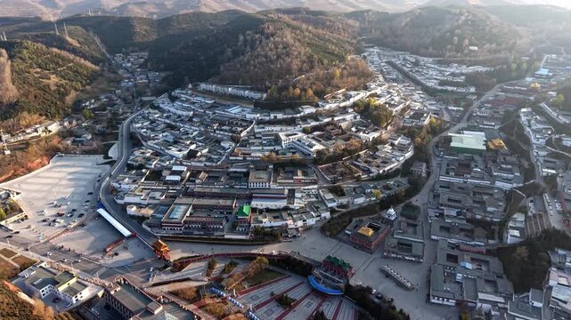 Aerial shot of Kumbum Monastery in Xining, Qinghai, a Tibetan Buddhist monastery