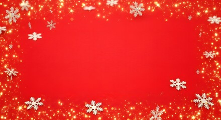 Festive red background with sparkling golden bokeh lights and delicate white snowflakes for holiday cheer.