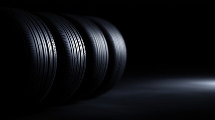 Studio shot of four black car tires aligned horizontally, dramatic lighting, dark ambient on black background