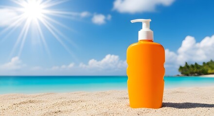 Bright orange sunblock bottle sits on a sandy beach with turquoise ocean and blue sky in the background