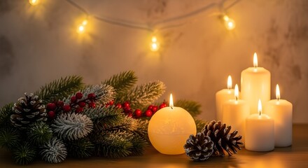 Warm Glowing Candles and Festive Fir Branches Illuminate a Cozy Winter Holiday Scene with Soft Twinkling Lights, Creating a Serene Ambiance