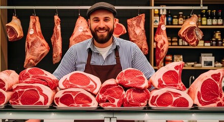A smiling butcher in a shop, with cuts of meat displayed on the counter and hanging behind him