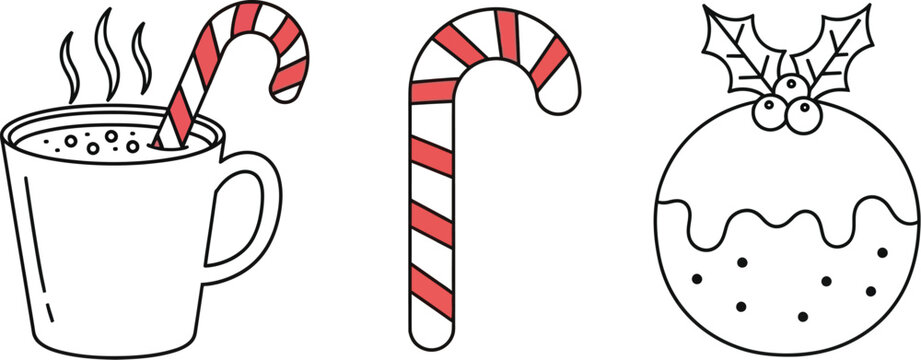 Cozy Christmas treats: steaming hot chocolate with candy cane, a festive candy cane, and a decorated plum pudding. - Powered by Adobe