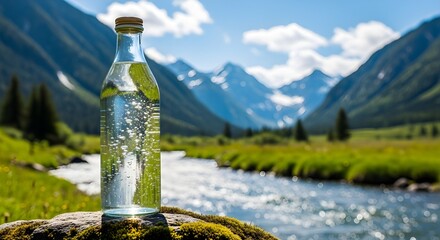 Refreshing Water Bottle with Lime in Scenic Mountain River Landscape