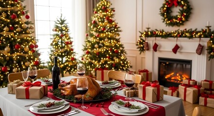 Cozy Christmas dinner setting with a roasted turkey, gift boxes, and decorated trees