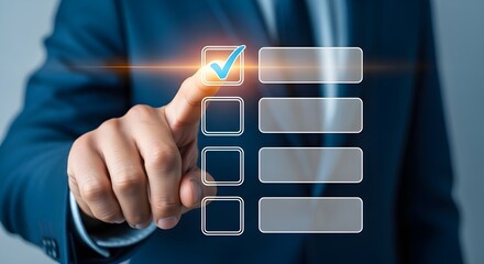 Hand completing a checklist on a digital screen with a glowing checkmark