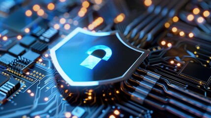 Digital security concept with lock symbol on circuit board, showcasing technology and protection in modern computing environment