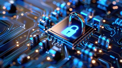 Futuristic Digital Lock on Circuit Board with High-Tech Blue Lighting for Cybersecurity Concepts