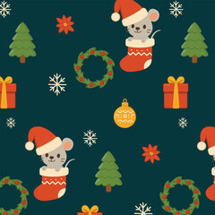 A mouse sits in a gift boot and wearing a Santa Claus hat. Vector pattern.