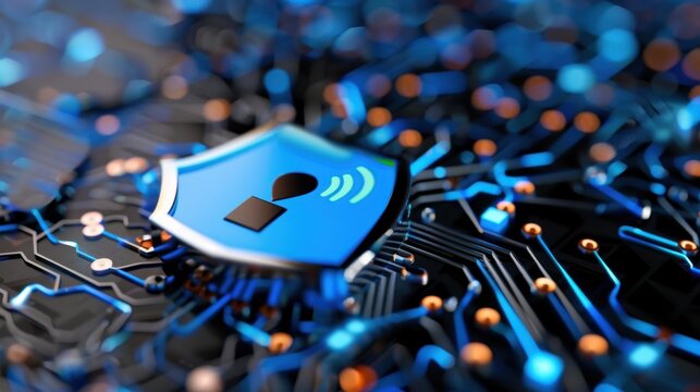 Abstract Digital Circuit Board with Security Shield Symbolizing Cyber Protection and Technology Advancement in a Modern Era
