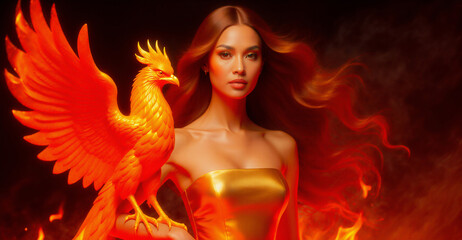 Fototapeta premium A striking Southeast Asian woman in a gold dress stands next to a brilliant golden Phoenix amidst dramatic red flames and smoke.