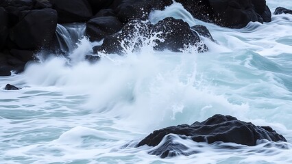 sedition. Ocean waves crashing against dark rocks with splashing water droplets in dramatic seascape. travel magazines, destination branding, designed for outdoor magazines and nature guides.
