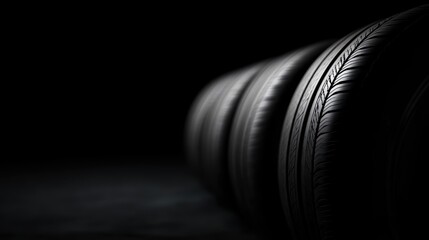 Horizontal lineup of four car tires, detailed tread pattern visible, dark ambient studio setup, black background