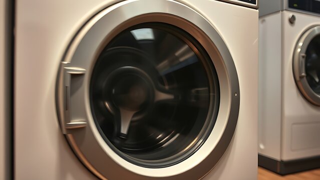 imploding. An old washing machine in motion during its spin cycle at a laundromat. safety posters, maintenance manuals, designed for precision metalworking and fabrication facilities.