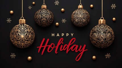 Christmas Illustration with Golden Ornaments, Snowflakes and Happy Holiday Text on Black Background, Ideal for Festive Wallpaper, Poster and Design Projects